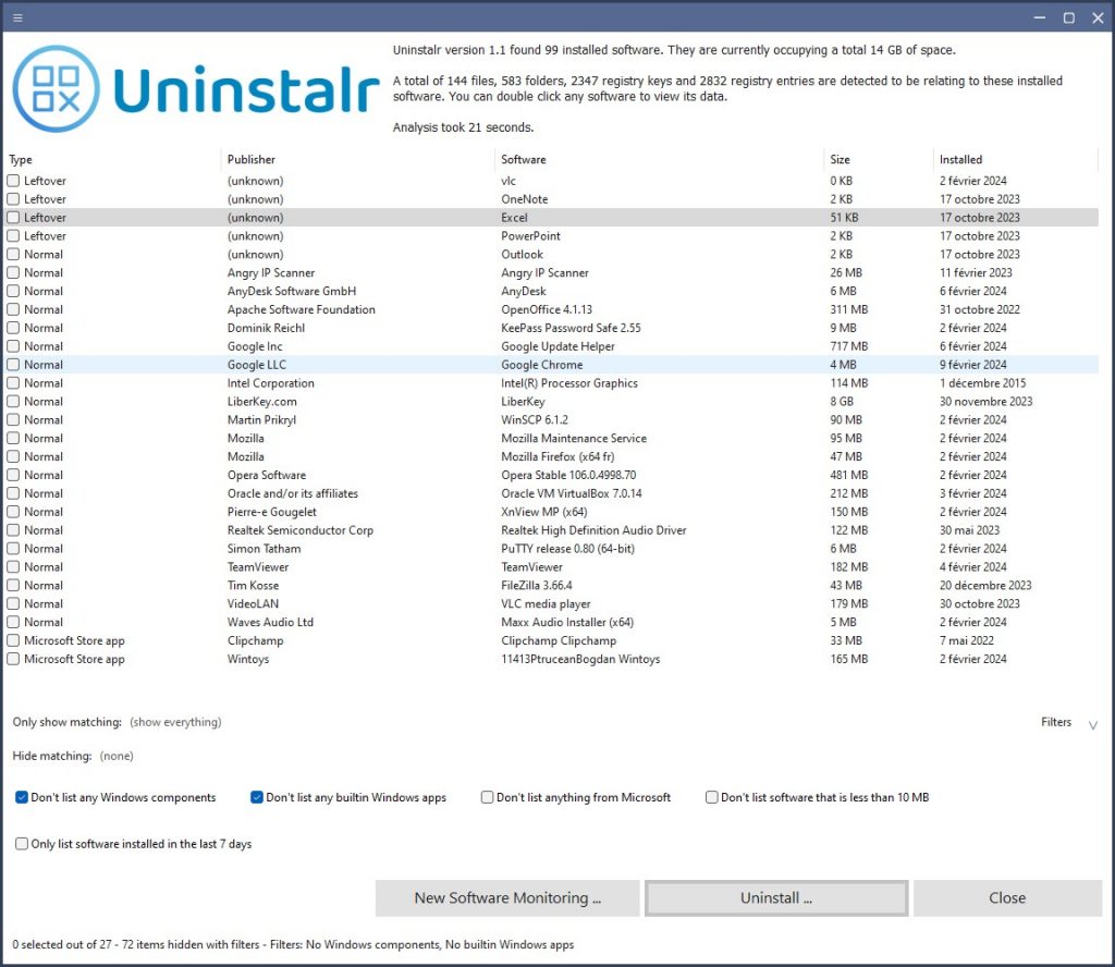 Liste des logiciels installés