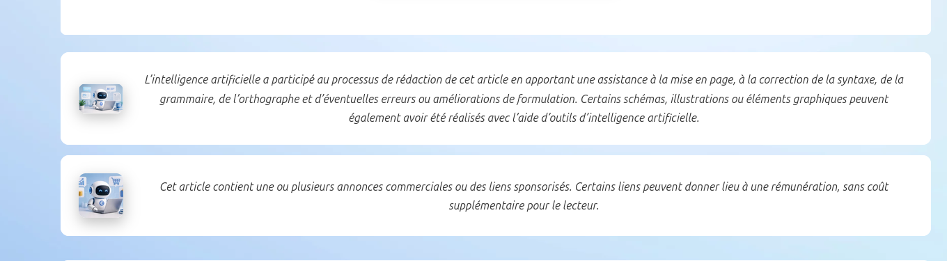 Les deux avertissements tels qu'ils apparaissent en bas d'un article : l'avertissement d'assistance IA et l'avertissement de contenu commercial, chacun accompagné de sa miniature.