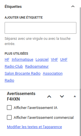 Panneau « Avertissements F4HXN » dans la colonne latérale de l'éditeur, avec les cases « Afficher l'avertissement IA » et « Afficher l'avertissement commercial ».