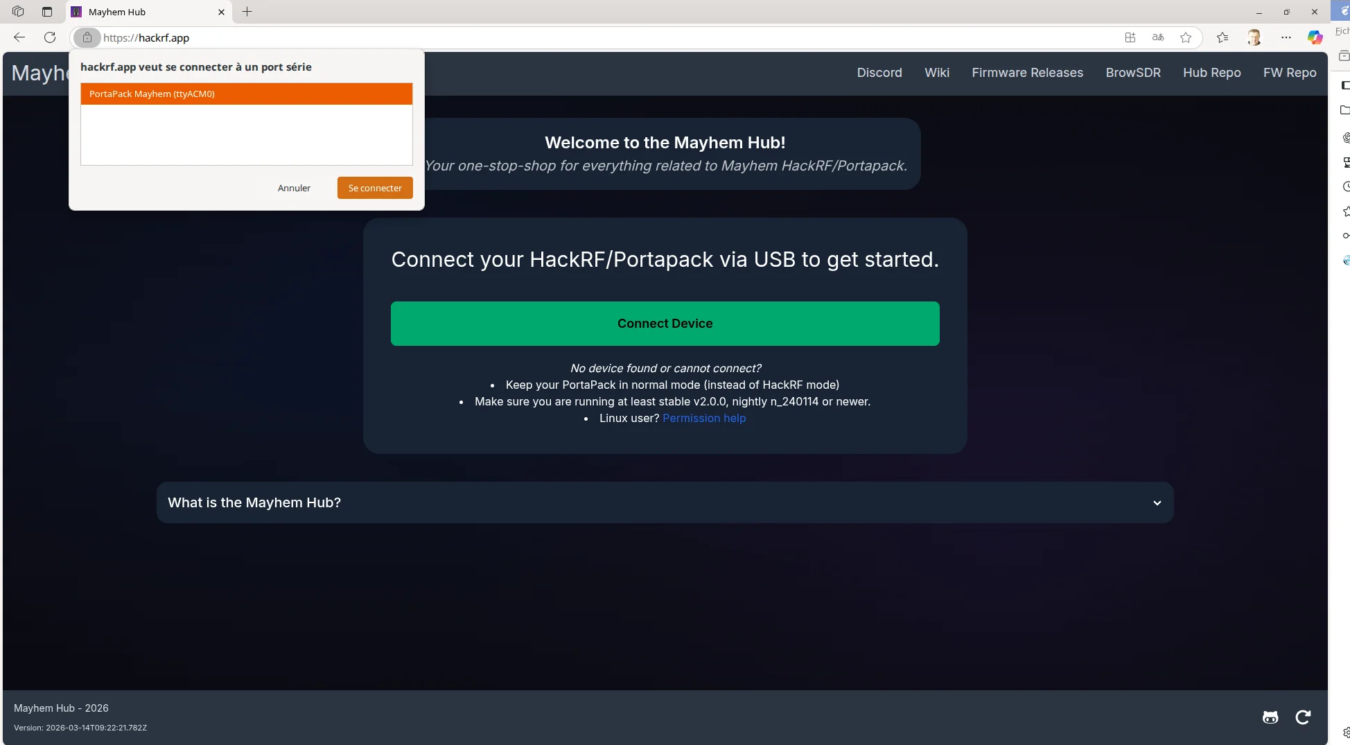 Mayhem Hub : capture de l'interface web (1)