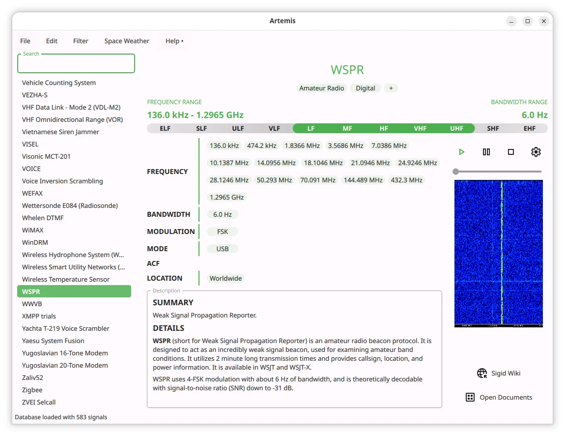 Cascade d'un signal WSPR sur le spectre